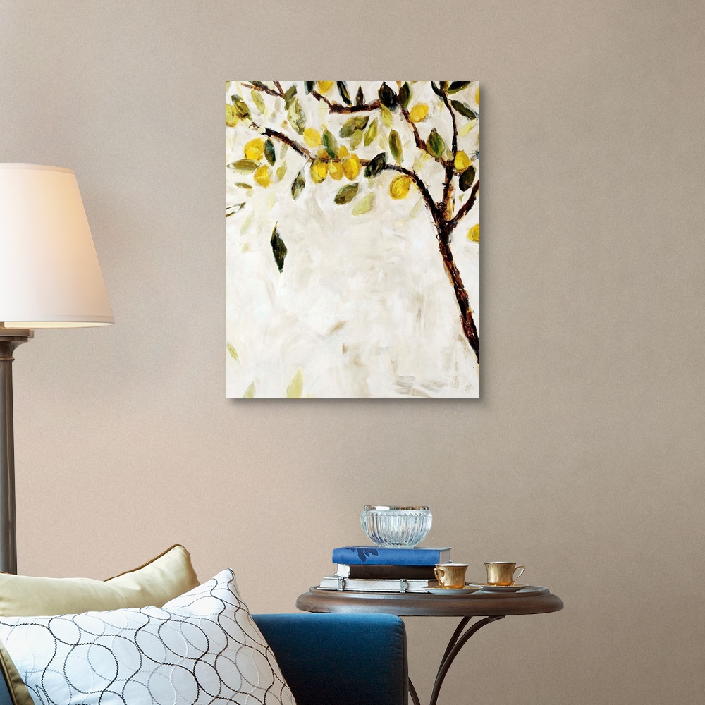 A traditional room featuring Contemporary painting of a Meyer lemon tree over a neutral background.