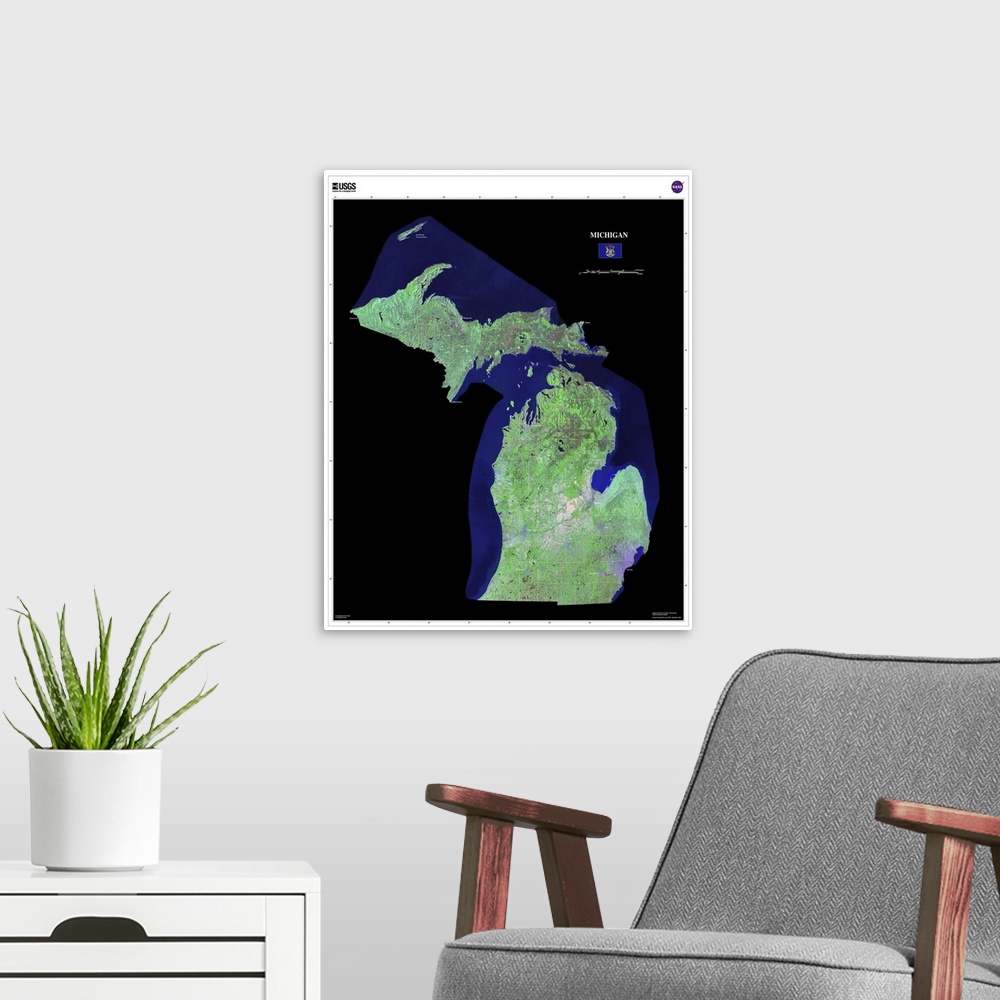 A modern room featuring This image was created using Tri-Decadal Global Landsat Orthorectified ETM  Pan-Sharpened data, a...
