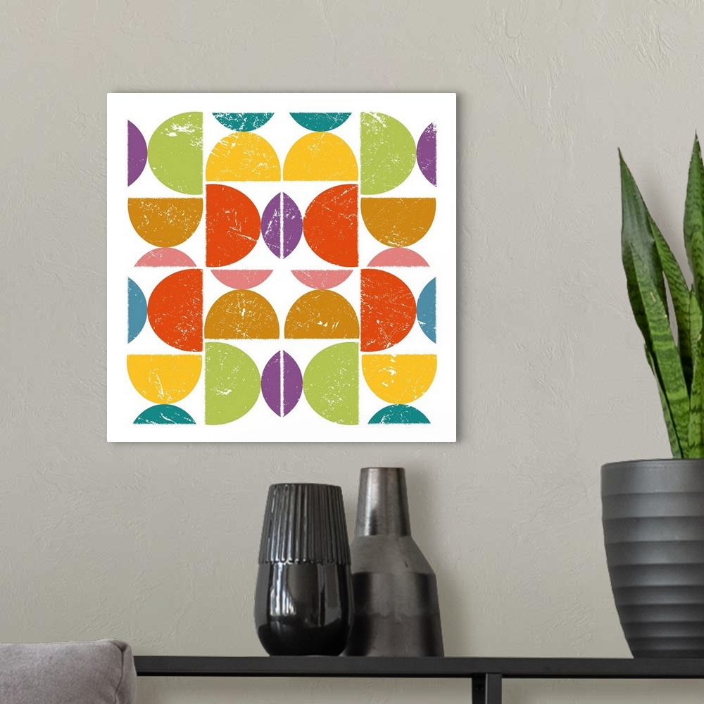 A modern room featuring Square illustration of of bright colored semi-circles in a square design.