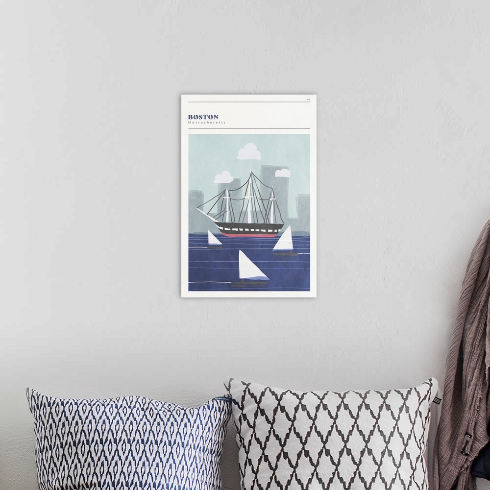 A bohemian room featuring Vertical modern illustration of sailboats in the Boston Harbor.