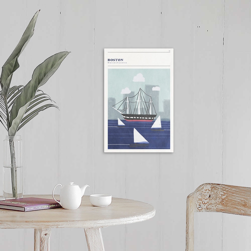 A farmhouse room featuring Vertical modern illustration of sailboats in the Boston Harbor.