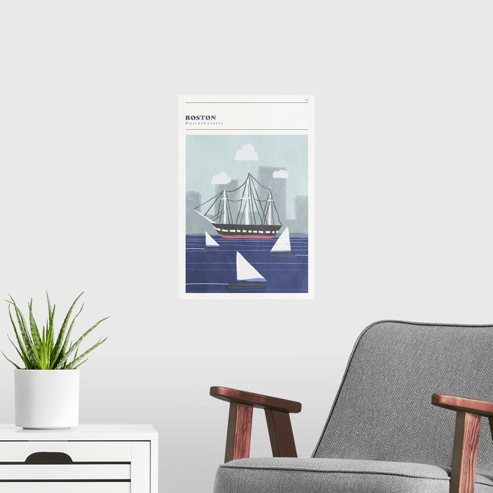 A modern room featuring Vertical modern illustration of sailboats in the Boston Harbor.