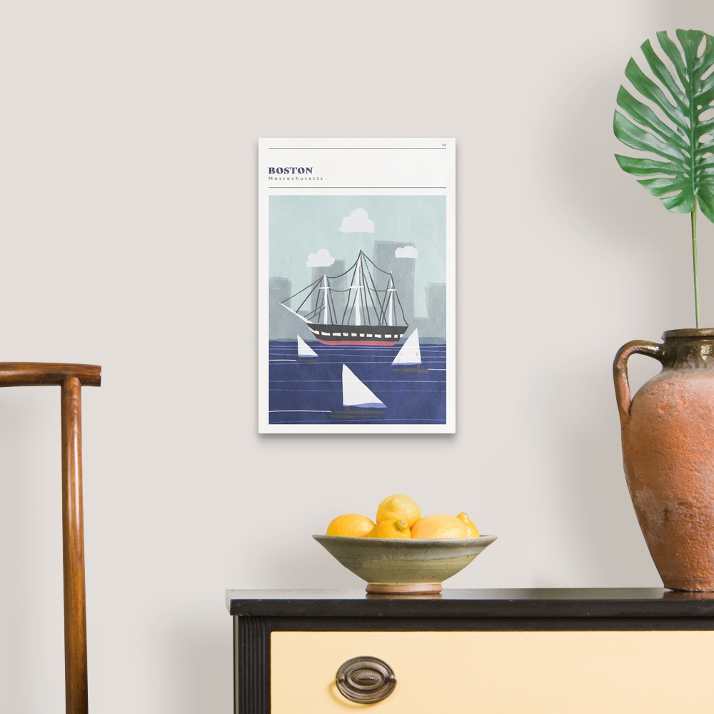 A traditional room featuring Vertical modern illustration of sailboats in the Boston Harbor.