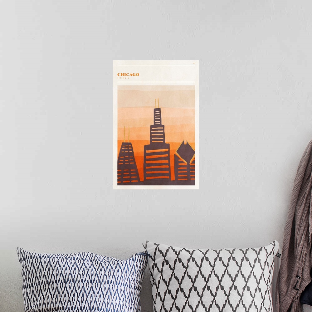 A bohemian room featuring Vertical modern illustration of the Chicago skyline in orange shades.