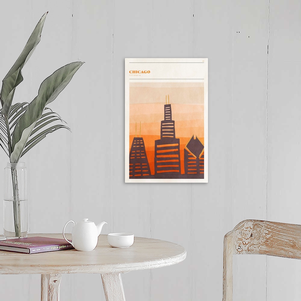 A farmhouse room featuring Vertical modern illustration of the Chicago skyline in orange shades.