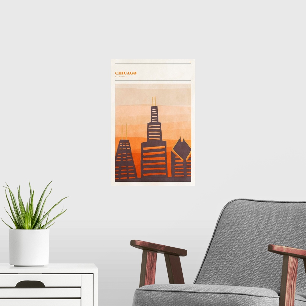 A modern room featuring Vertical modern illustration of the Chicago skyline in orange shades.