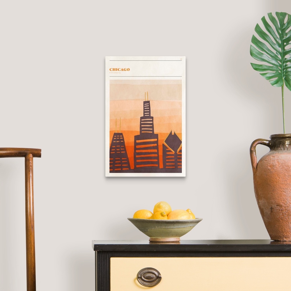 A traditional room featuring Vertical modern illustration of the Chicago skyline in orange shades.