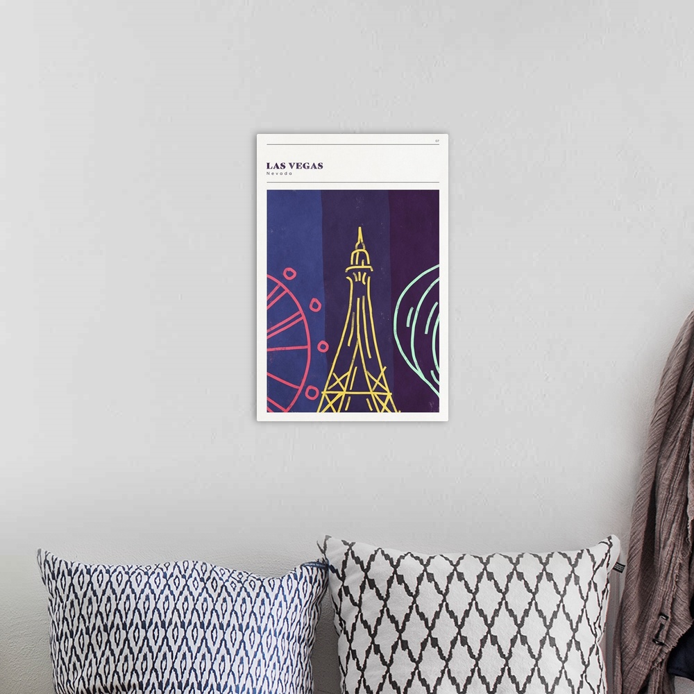 A bohemian room featuring Vertical modern illustration of the famous city sights of Las Vegas, NV.