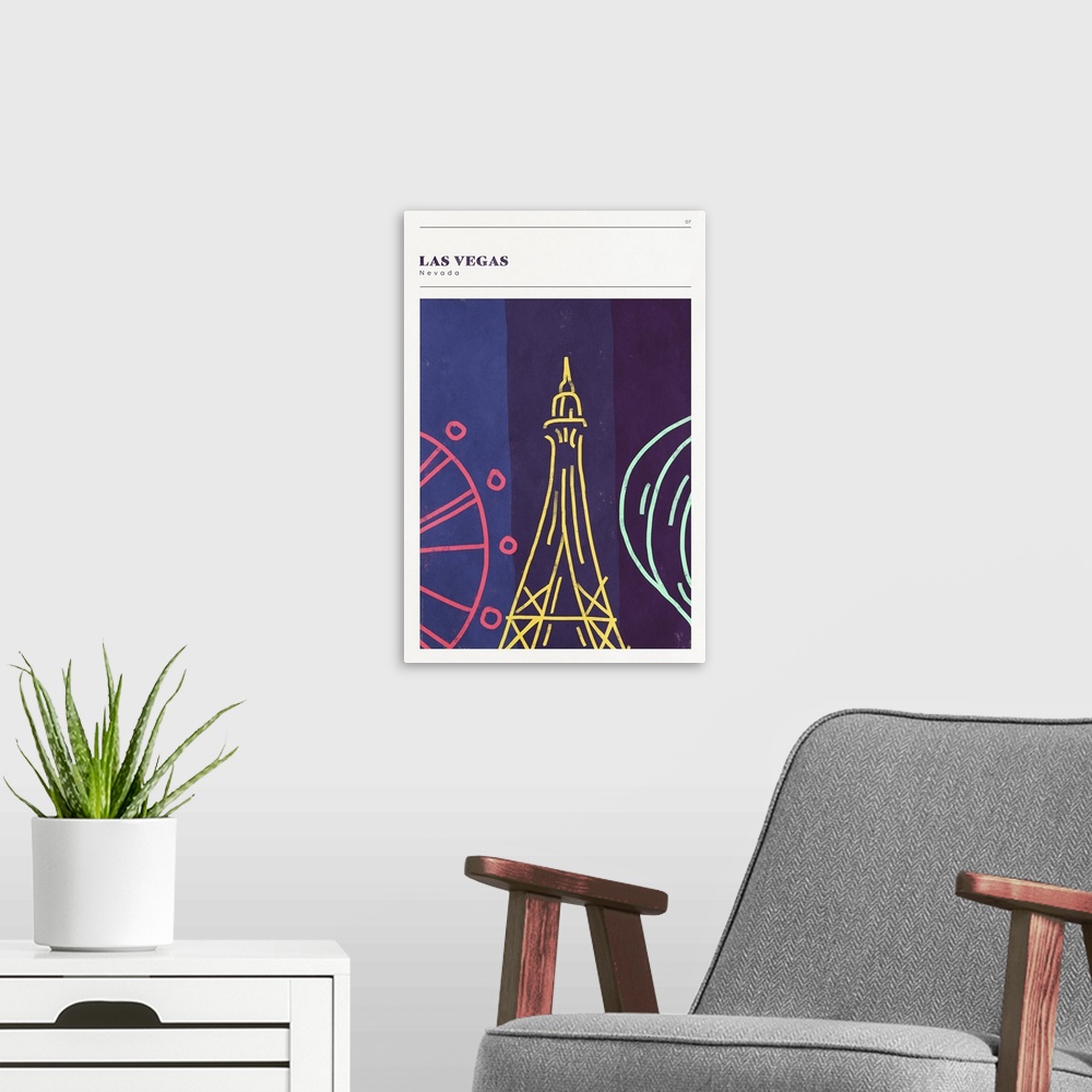 A modern room featuring Vertical modern illustration of the famous city sights of Las Vegas, NV.