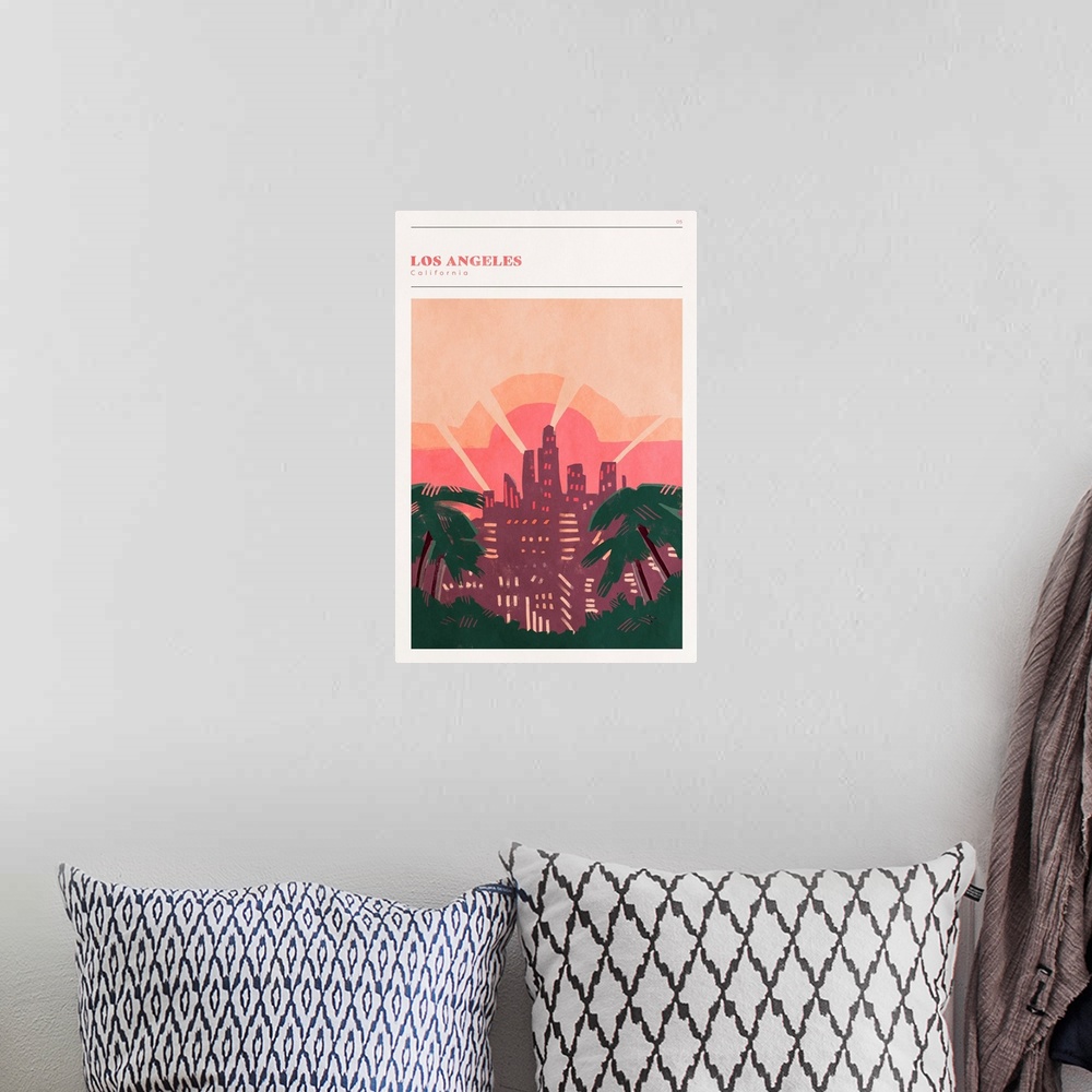 A bohemian room featuring Vertical modern illustration of the city skyline of Los Angeles, CA.
