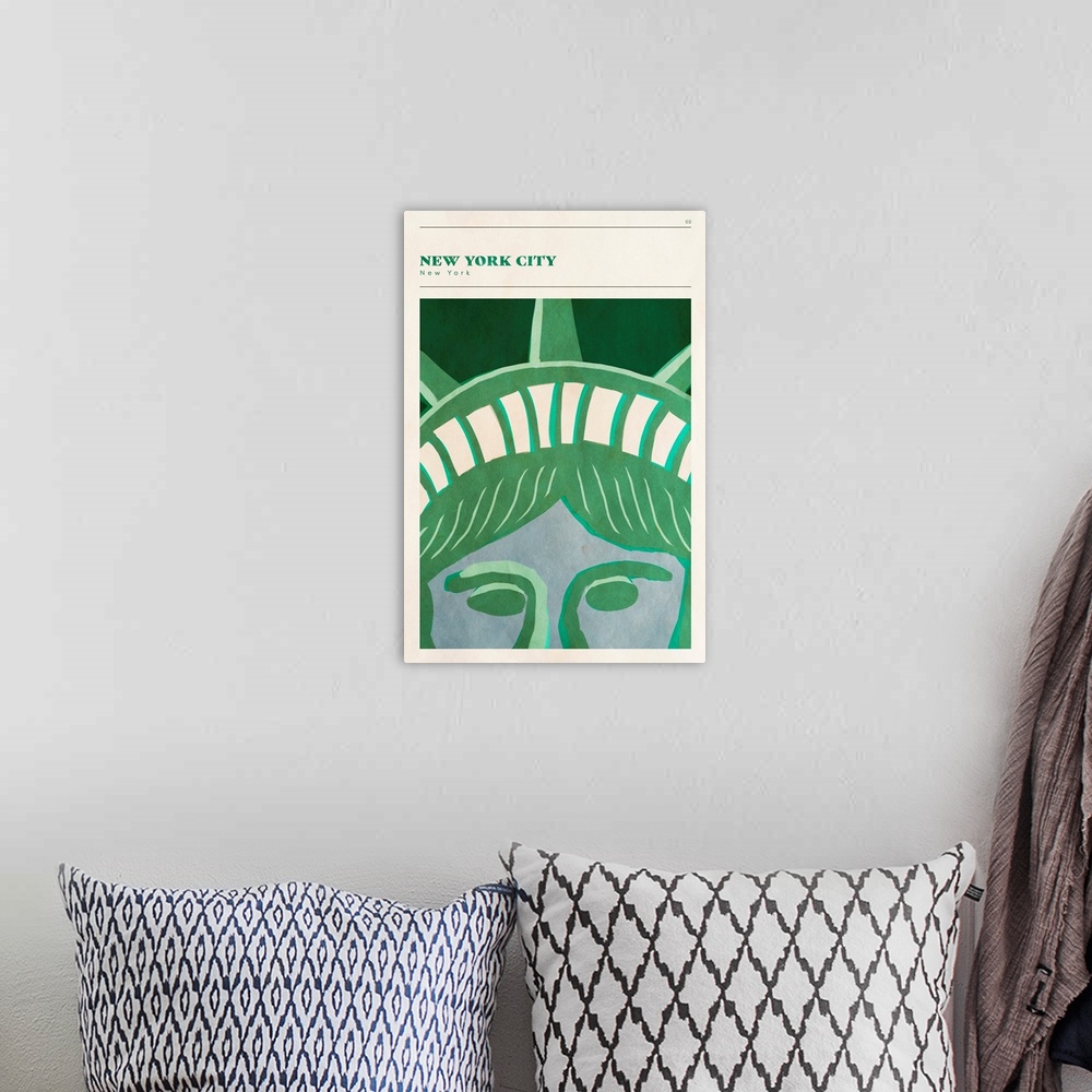 A bohemian room featuring Vertical modern illustration of a close up the Statue of Liberty.