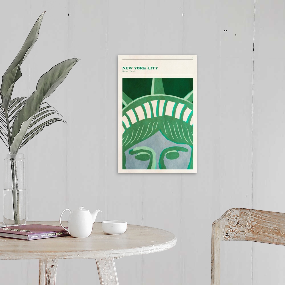 A farmhouse room featuring Vertical modern illustration of a close up the Statue of Liberty.
