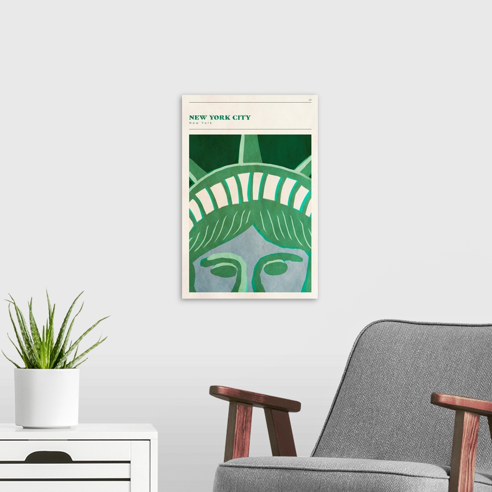 A modern room featuring Vertical modern illustration of a close up the Statue of Liberty.