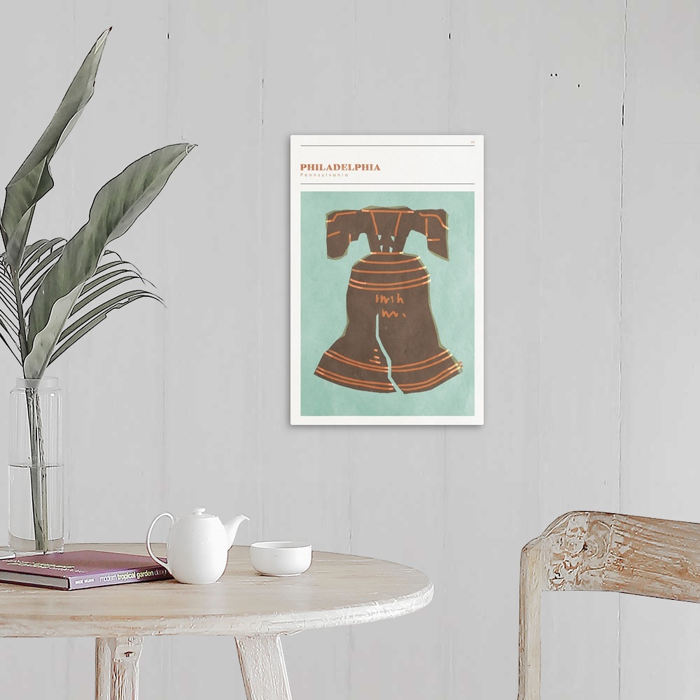 A farmhouse room featuring Vertical modern illustration of the Liberty Bell in Philadelphia, PA.