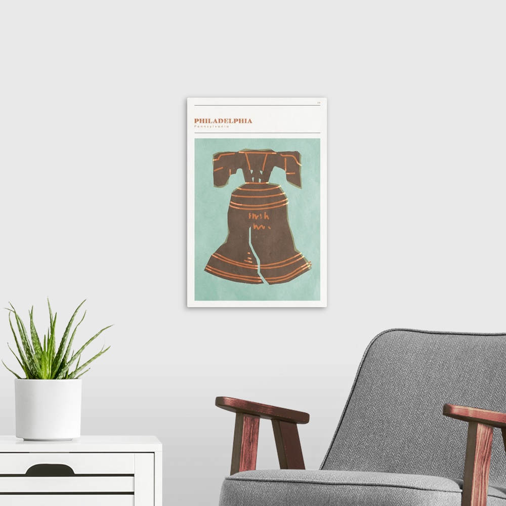 A modern room featuring Vertical modern illustration of the Liberty Bell in Philadelphia, PA.