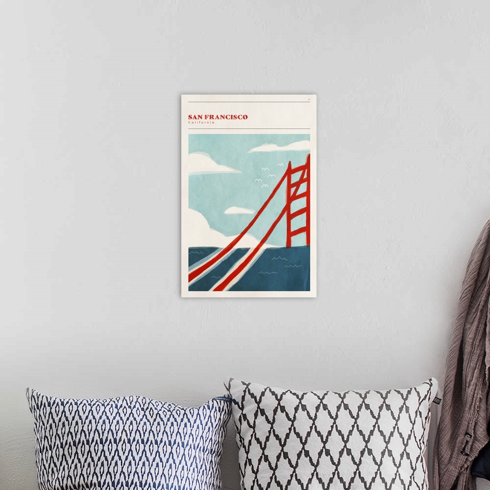 A bohemian room featuring Vertical modern illustration of the Golden Gate Bridge.