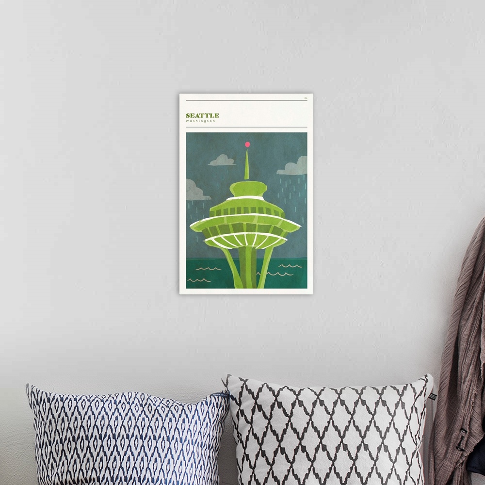 A bohemian room featuring Vertical modern illustration of the Space Needle in Seattle, WA in shades of green.