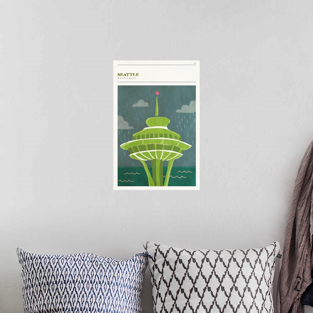 A bohemian room featuring Vertical modern illustration of the Space Needle in Seattle, WA in shades of green.