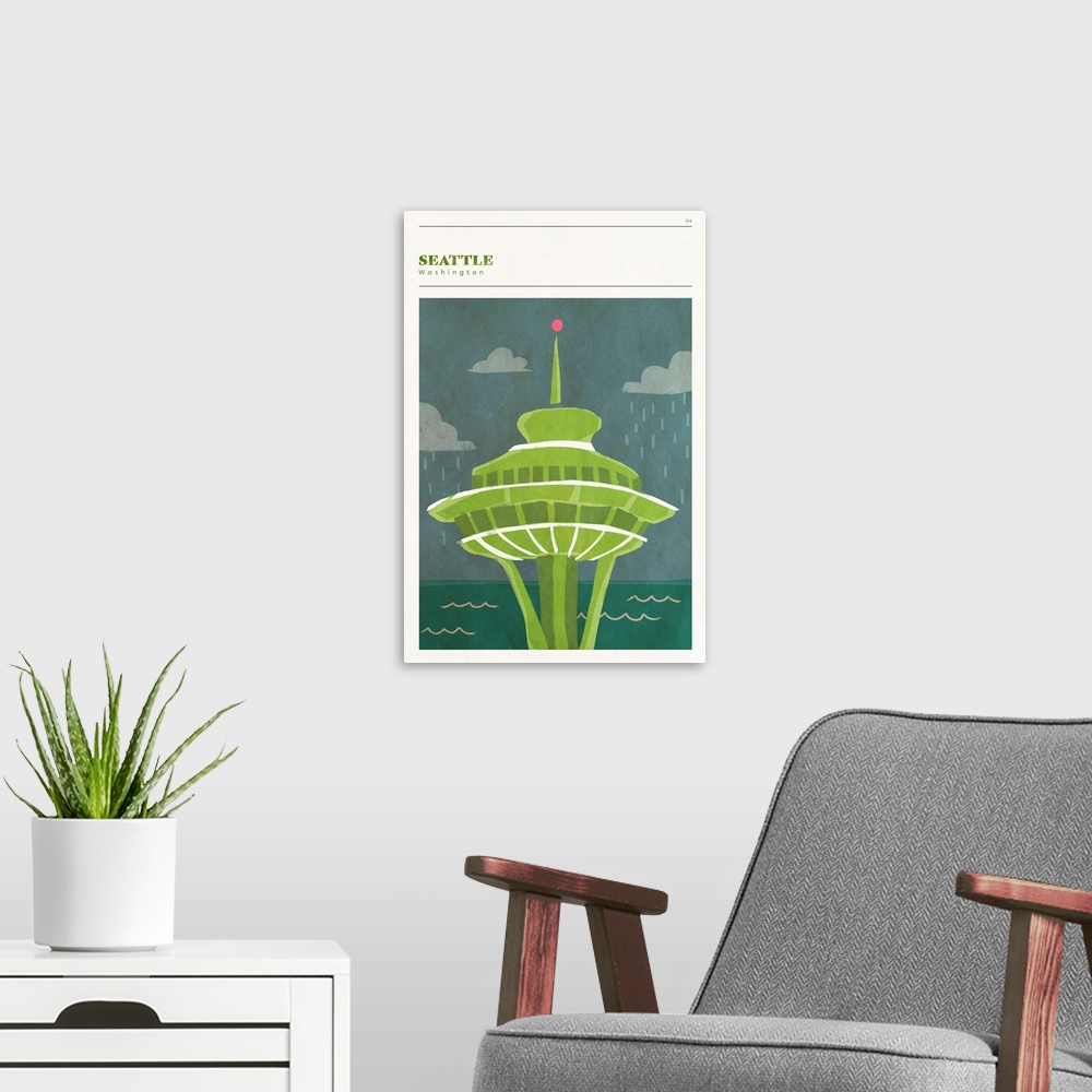A modern room featuring Vertical modern illustration of the Space Needle in Seattle, WA in shades of green.