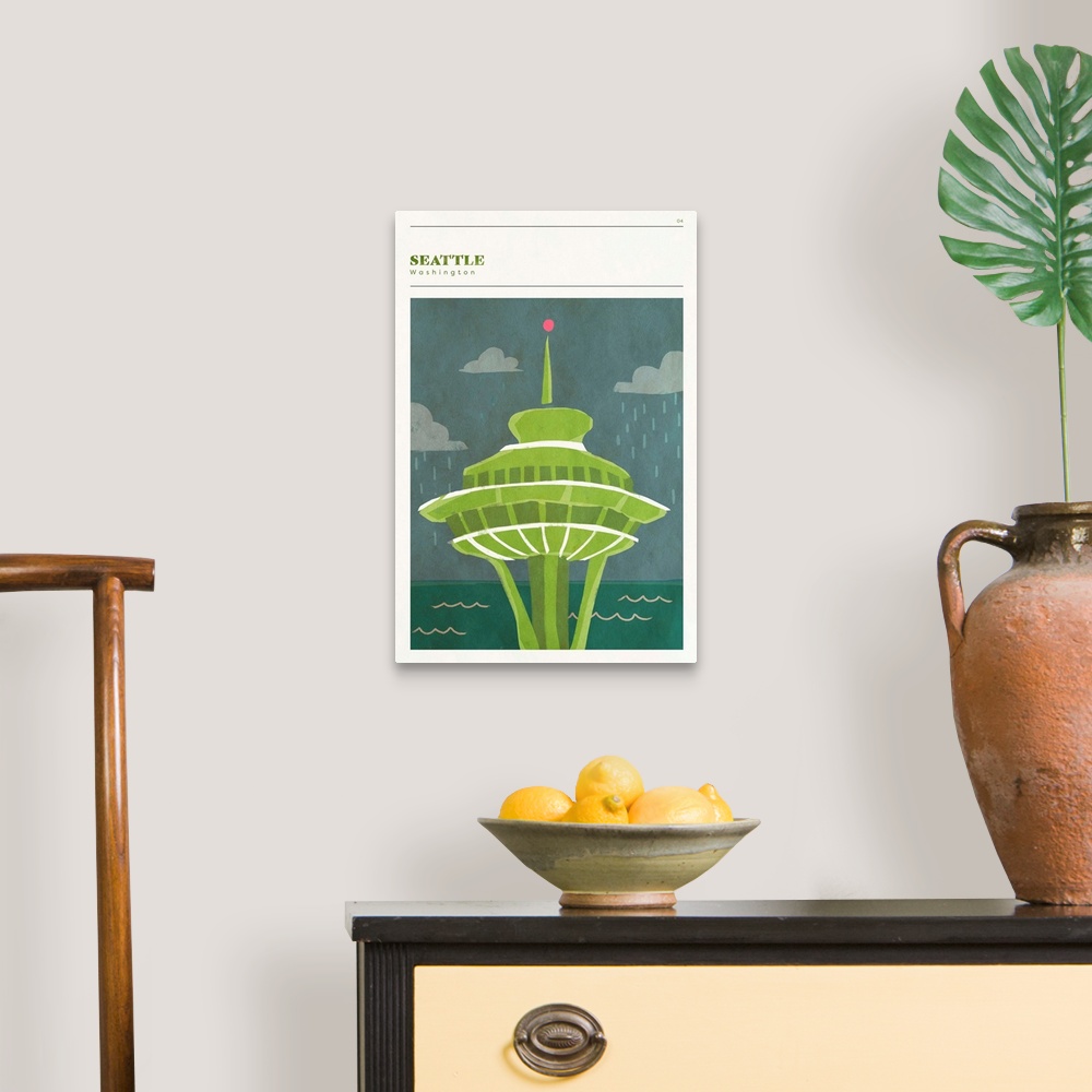 A traditional room featuring Vertical modern illustration of the Space Needle in Seattle, WA in shades of green.