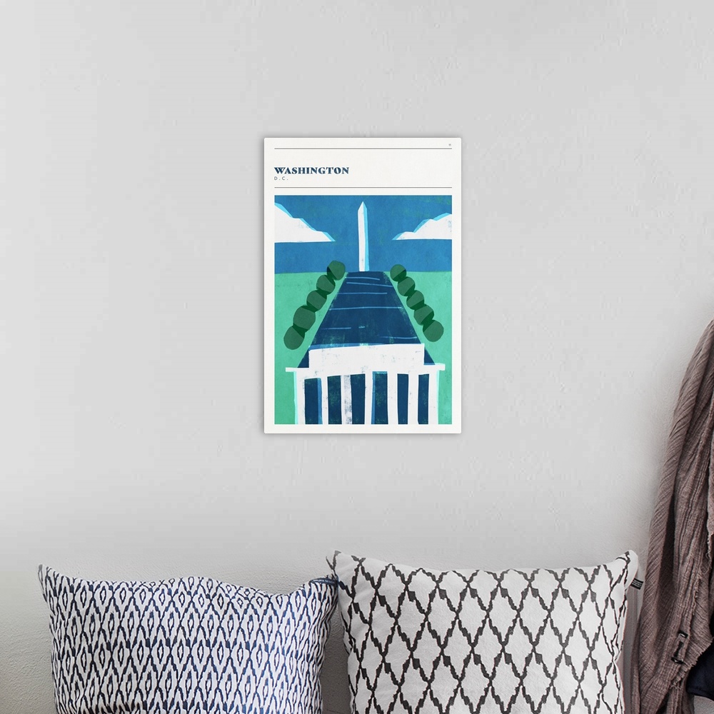 A bohemian room featuring Vertical modern illustration of the Washington Monument and Lincoln Memorial in Washington, DC.