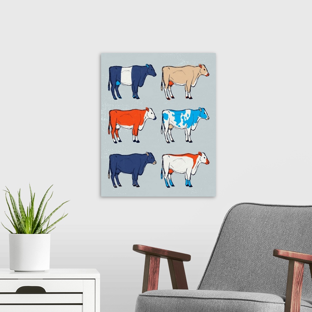 A modern room featuring A modern illustration of multi-colored cows on a grey backdrop.