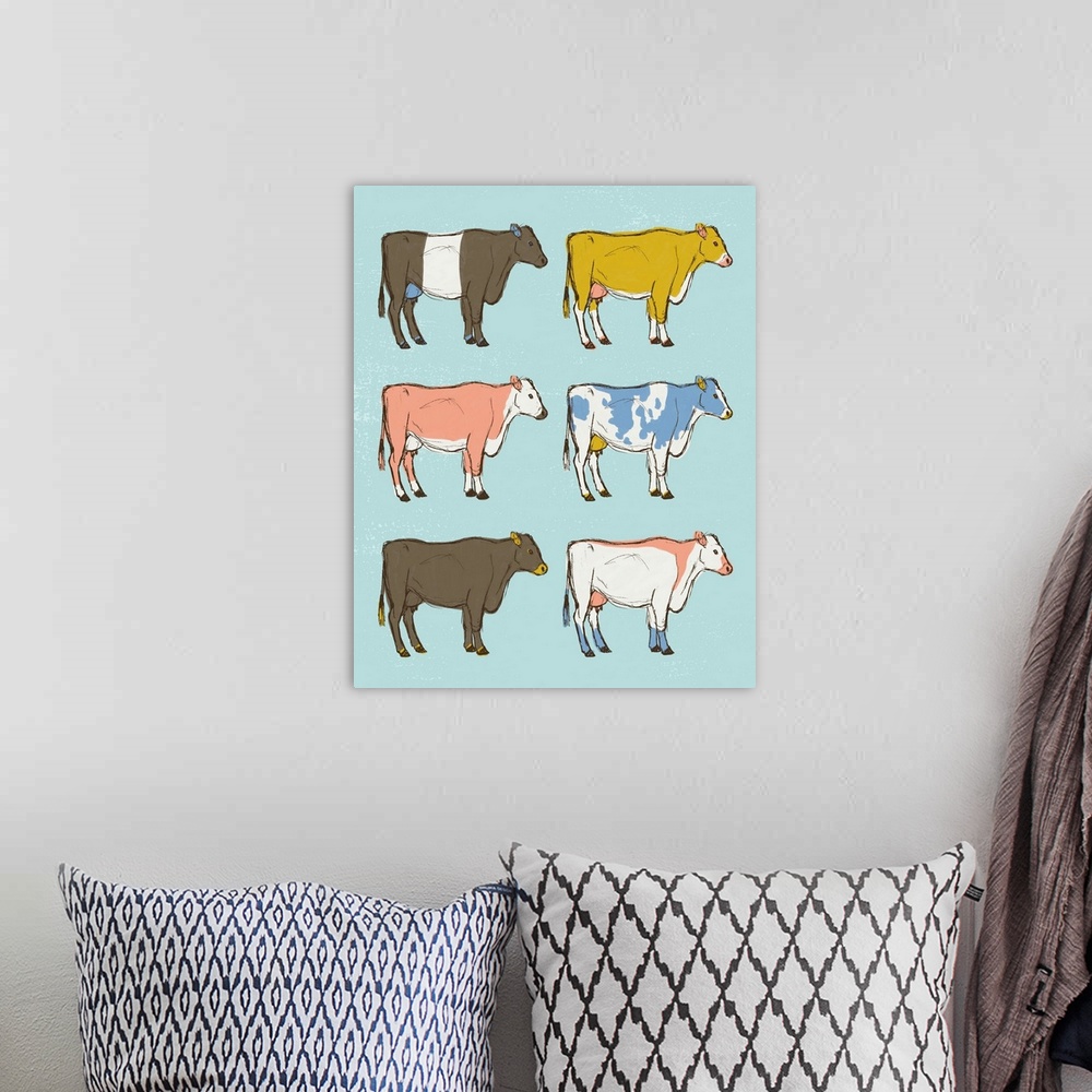 A bohemian room featuring A modern illustration of multi-colored cows on a blue backdrop.