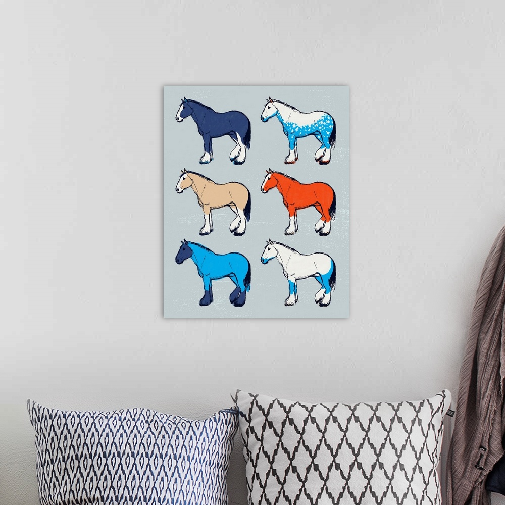 A bohemian room featuring A modern illustration of multi-colored horses on a grey backdrop.