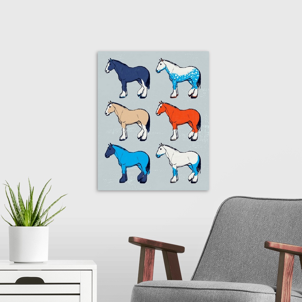 A modern room featuring A modern illustration of multi-colored horses on a grey backdrop.