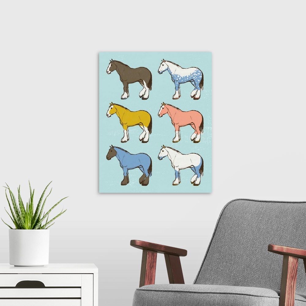 A modern room featuring A modern illustration of multi-colored horses on a blue backdrop.