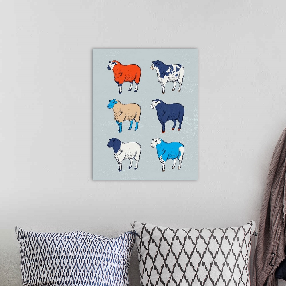 A bohemian room featuring A modern illustration of multi-colored sheep on a grey backdrop.