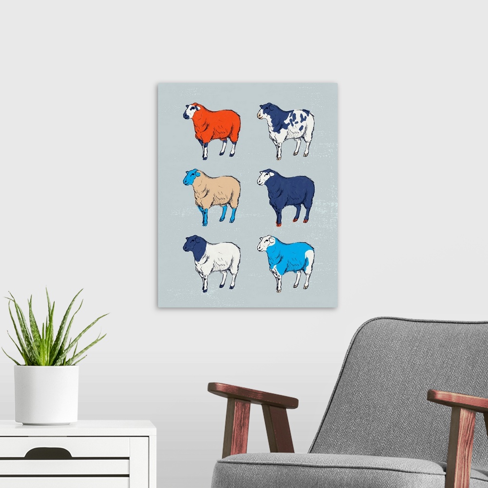 A modern room featuring A modern illustration of multi-colored sheep on a grey backdrop.