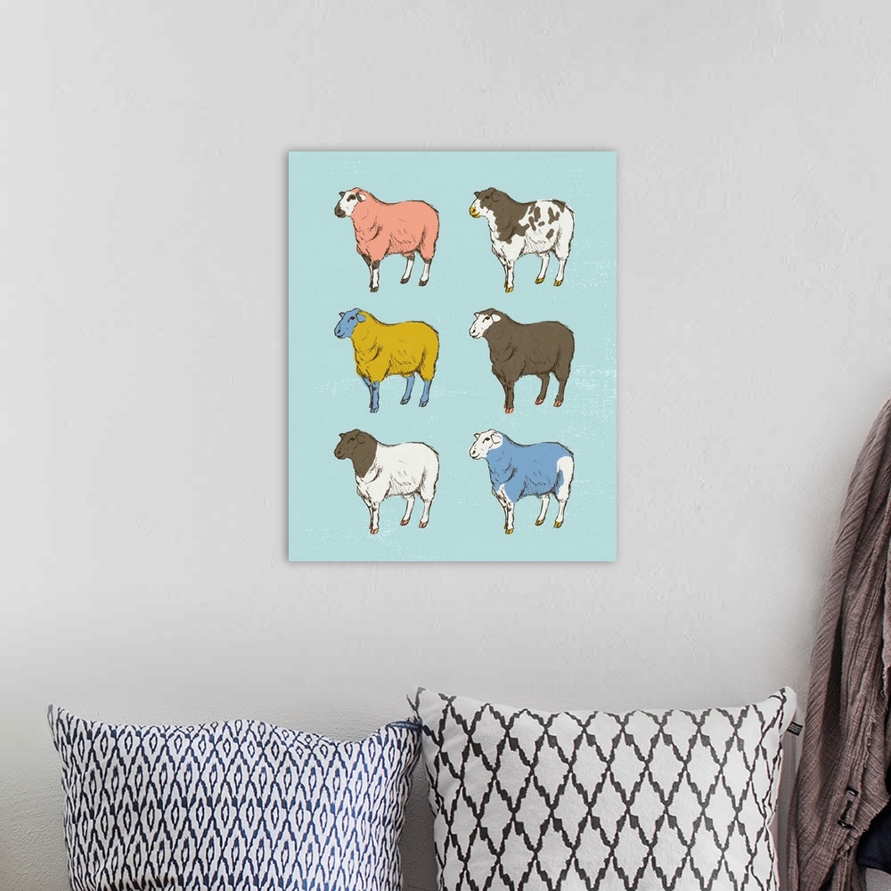 A bohemian room featuring A modern illustration of multi-colored sheep on a blue backdrop.