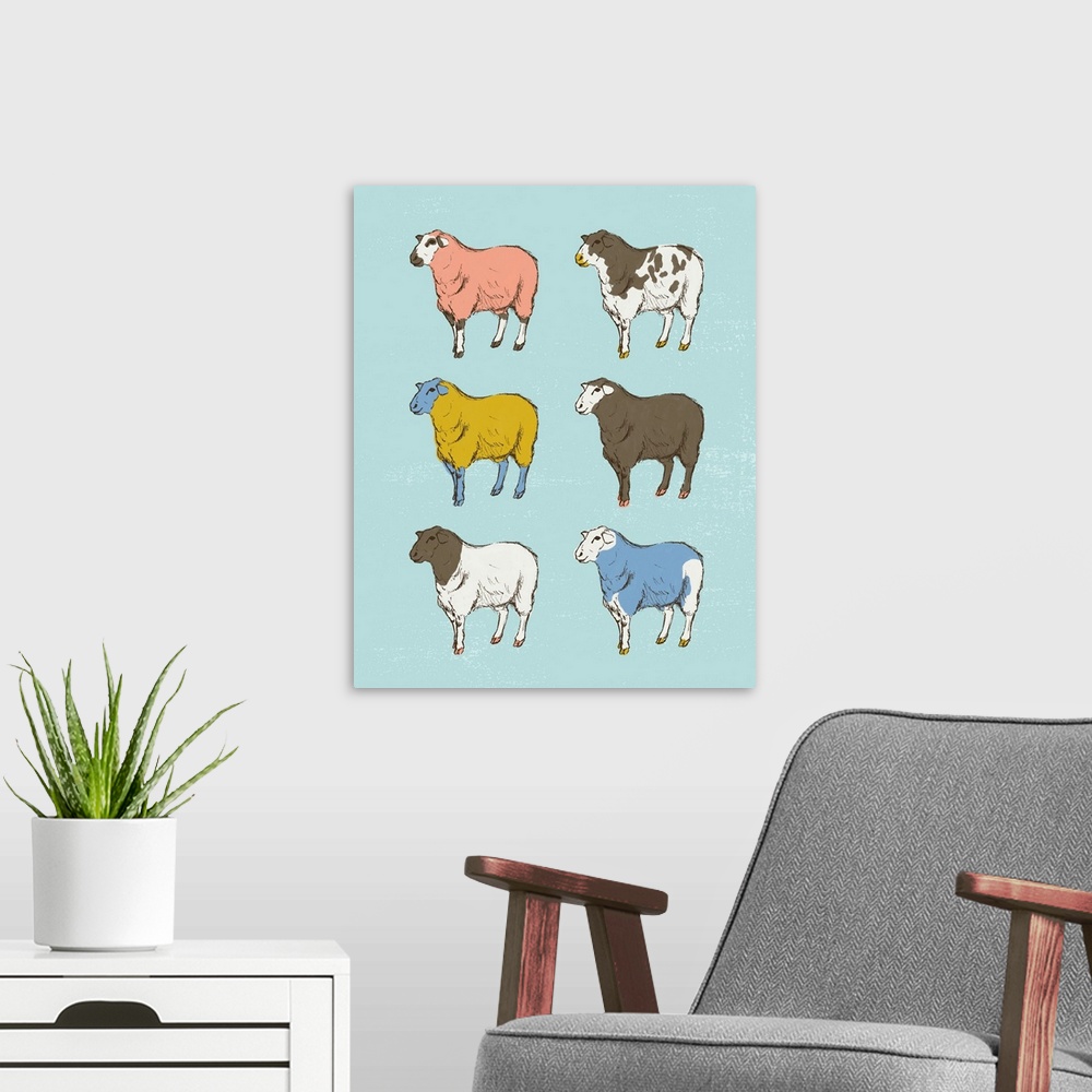 A modern room featuring A modern illustration of multi-colored sheep on a blue backdrop.