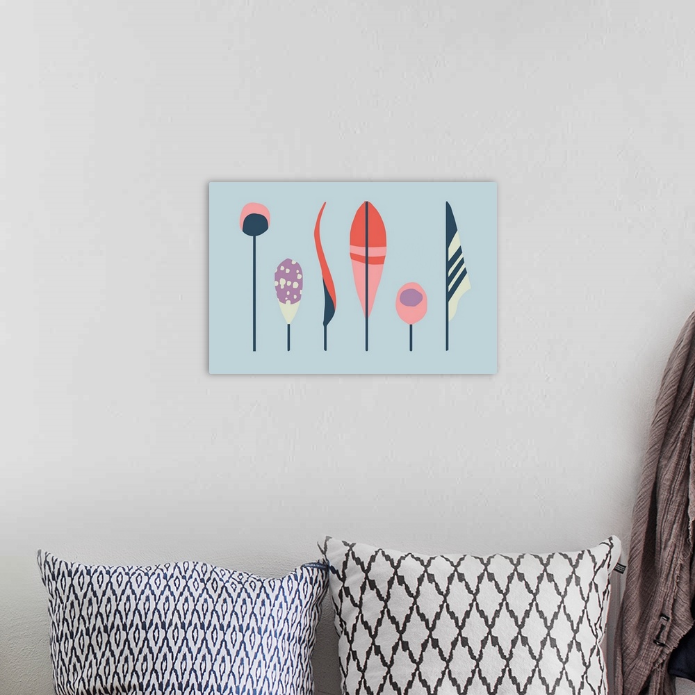 A bohemian room featuring Horizontal illustration of a row of feathers in a modern style on a blue backdrop.