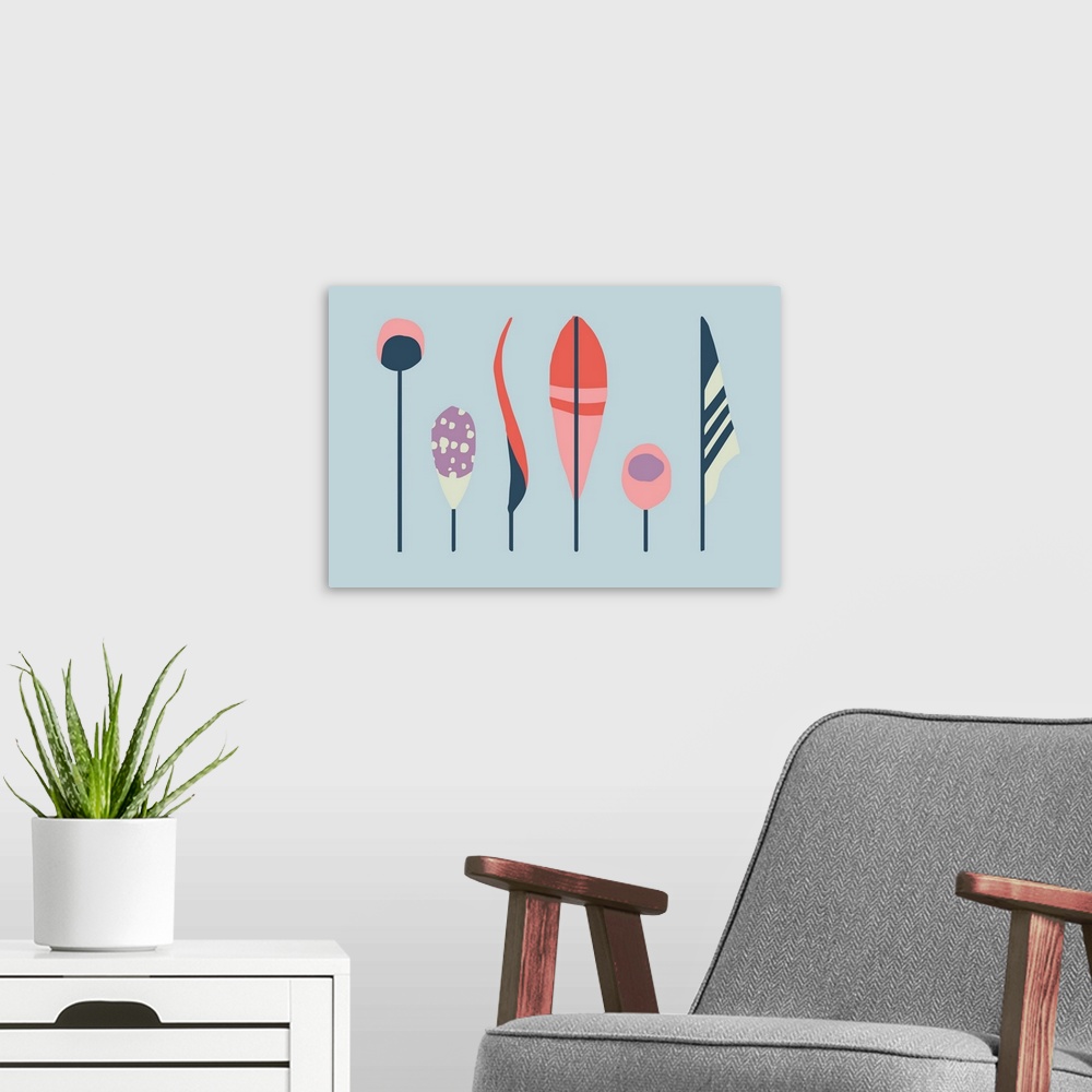 A modern room featuring Horizontal illustration of a row of feathers in a modern style on a blue backdrop.
