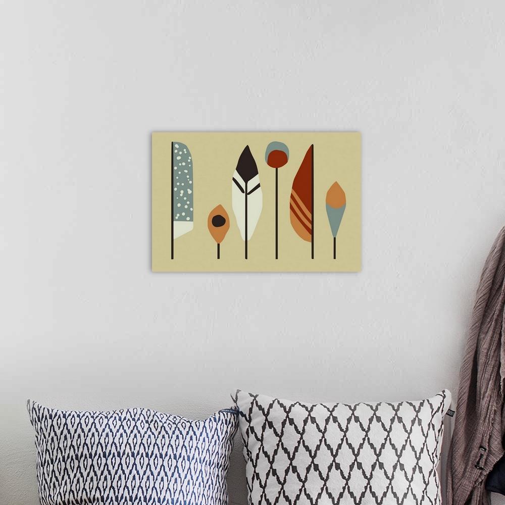A bohemian room featuring Horizontal illustration of a row of feathers in a modern style on a brown backdrop.