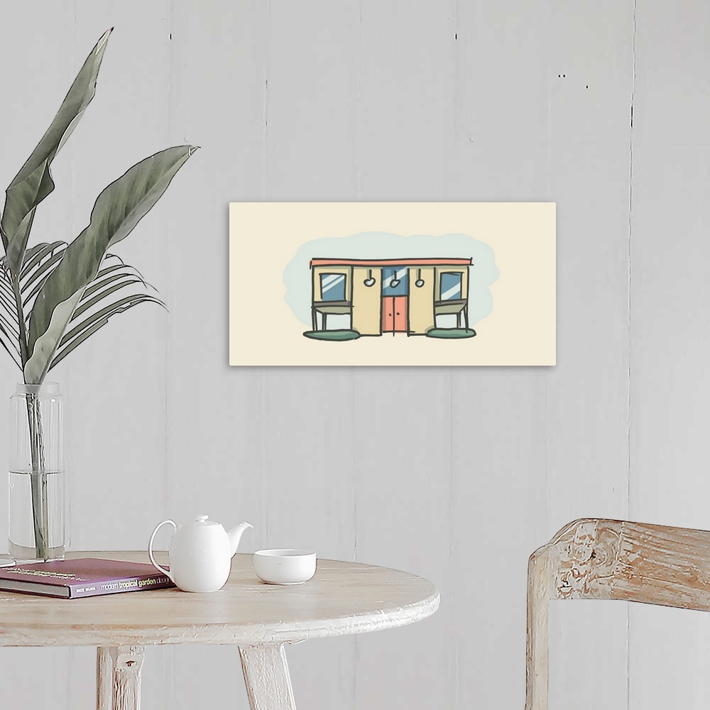 A farmhouse room featuring A horizontal illustration of a house in a retro style.