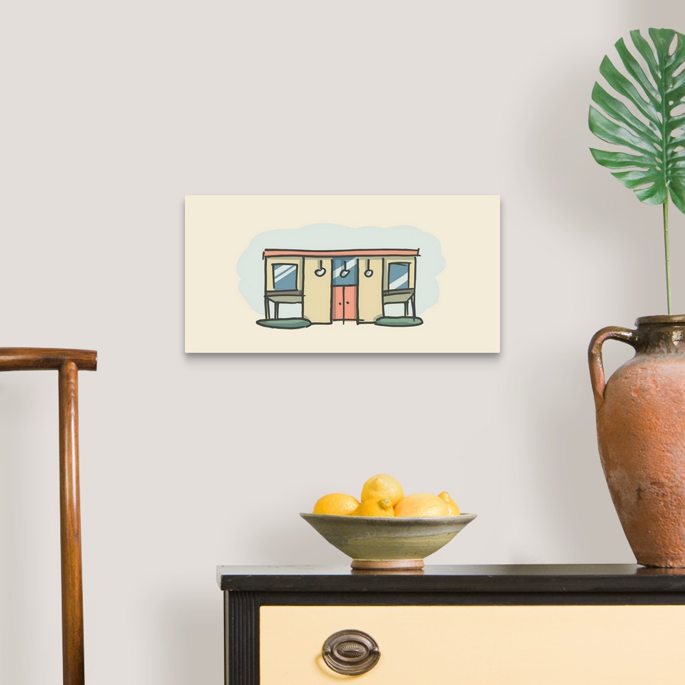 A traditional room featuring A horizontal illustration of a house in a retro style.