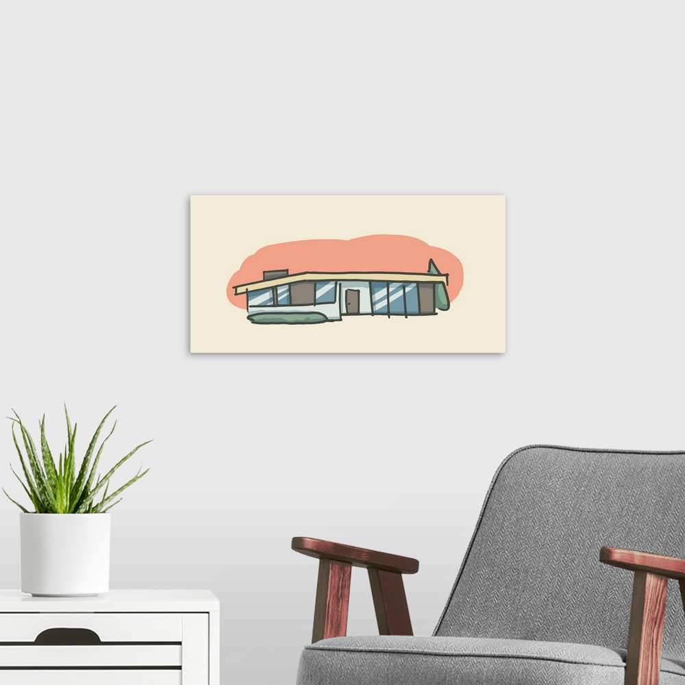A modern room featuring A horizontal illustration of a house in a retro style.