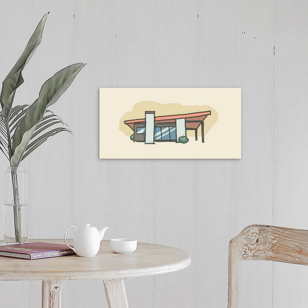 A farmhouse room featuring A horizontal illustration of a house in a retro style.