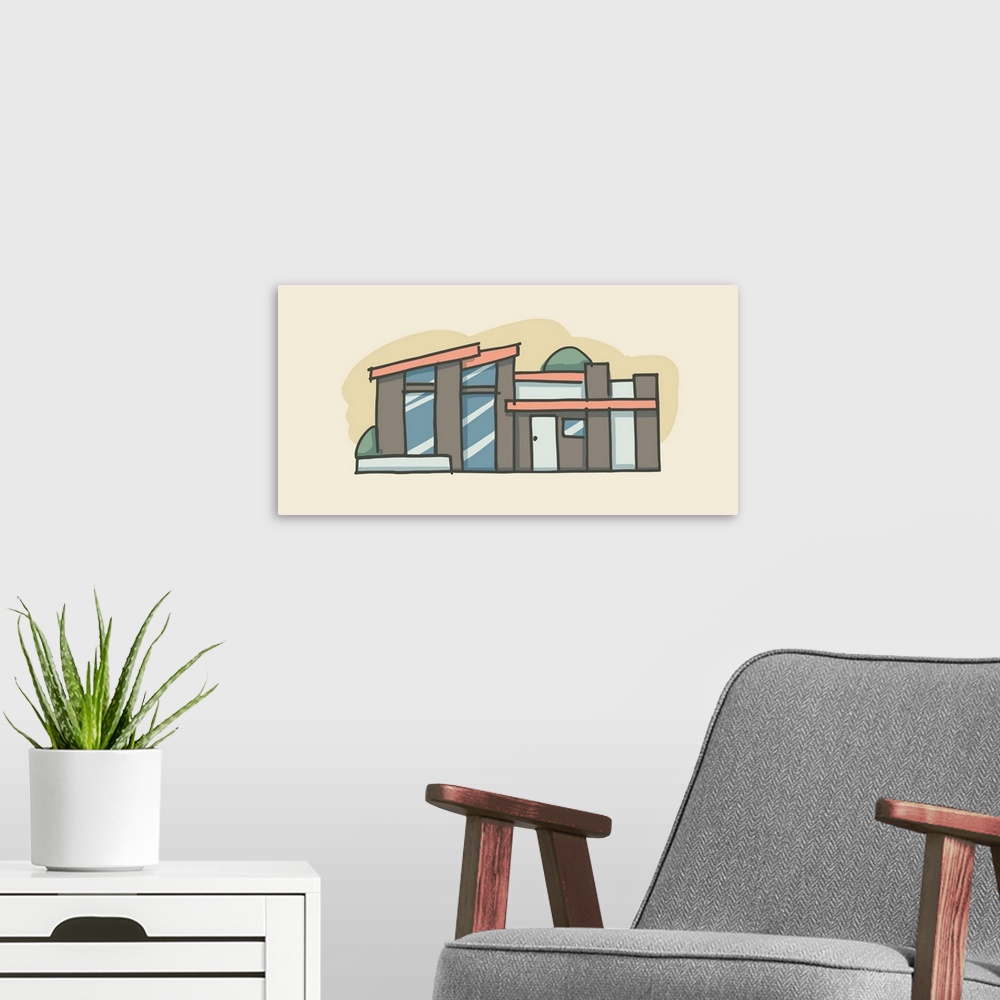 A modern room featuring A horizontal illustration of a house in a retro style.