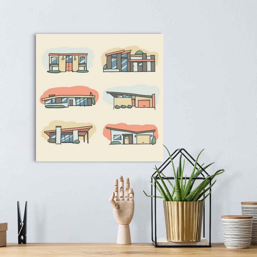 A bohemian room featuring Illustration of a group of houses in a retro style.
