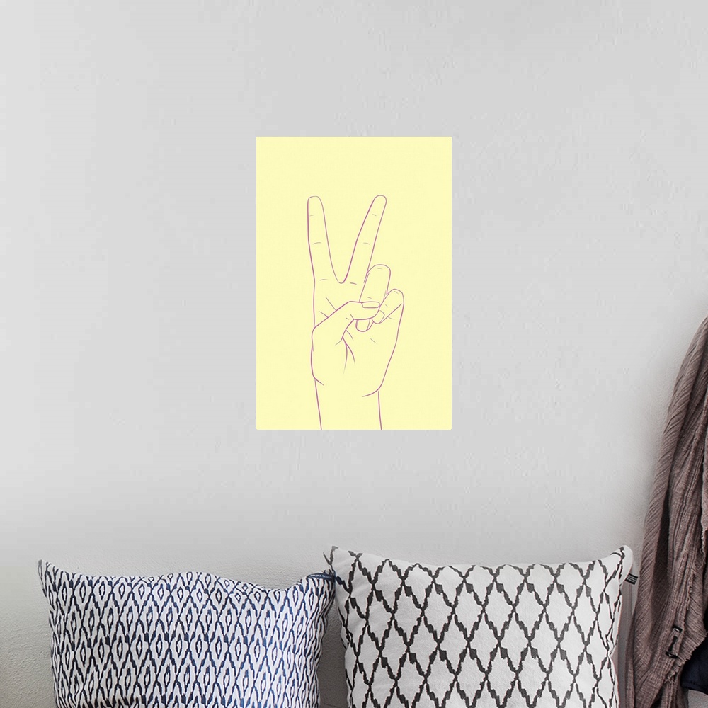 A bohemian room featuring Vertical illustration of a hand outlined in purple, making a peace sign, on a yellow backdrop.