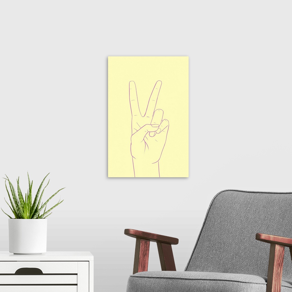 A modern room featuring Vertical illustration of a hand outlined in purple, making a peace sign, on a yellow backdrop.