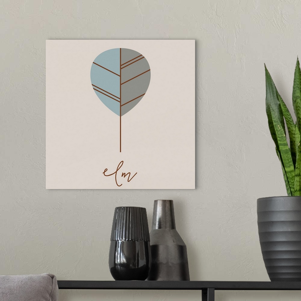 A modern room featuring A modern illustration of an elm leaf in blue on a grey background.