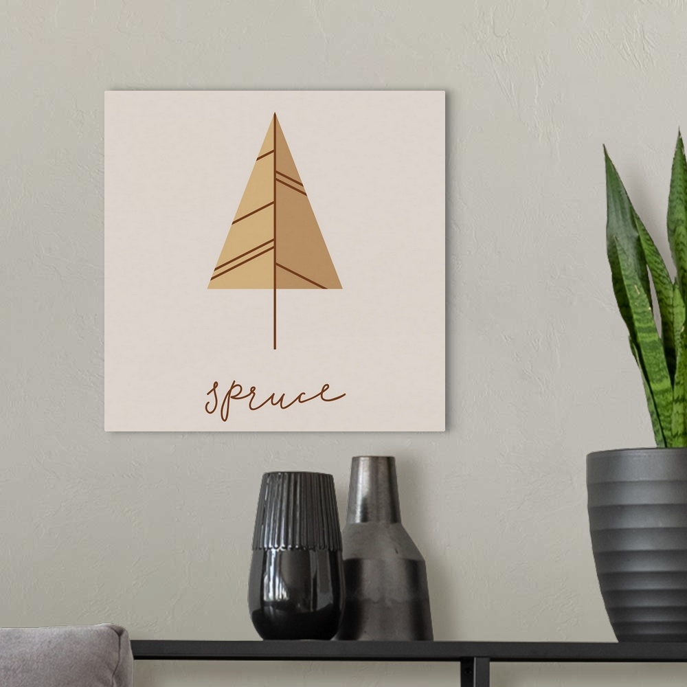 A modern room featuring A modern illustration of a spruce leaf in brown on a grey background.