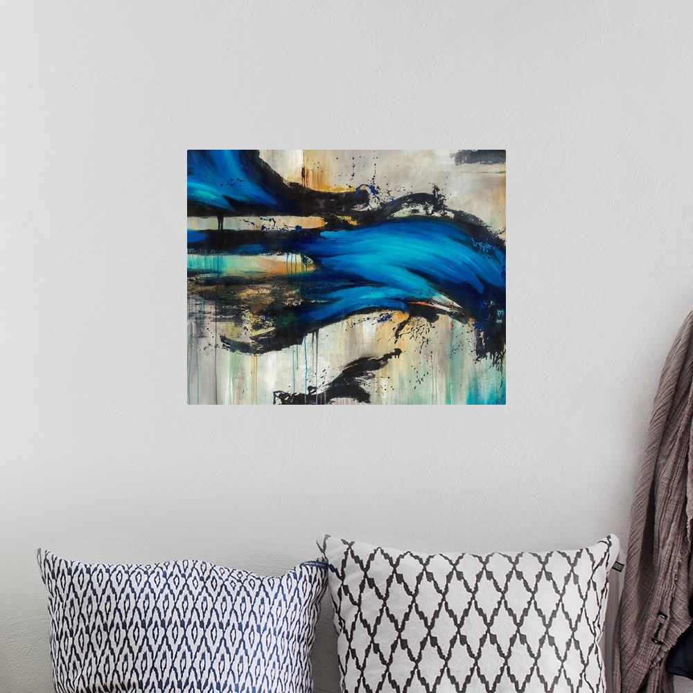 A bohemian room featuring Contemporary artwork of a bright blue wave-like form overtop a neutral background with black spla...