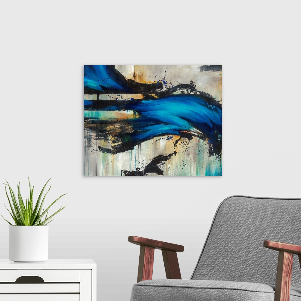 A modern room featuring Contemporary artwork of a bright blue wave-like form overtop a neutral background with black spla...