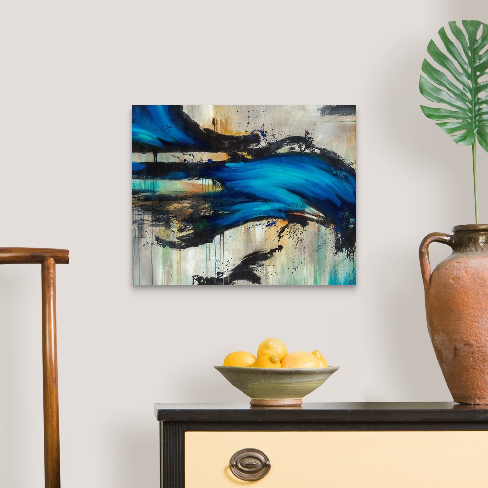A traditional room featuring Contemporary artwork of a bright blue wave-like form overtop a neutral background with black spla...